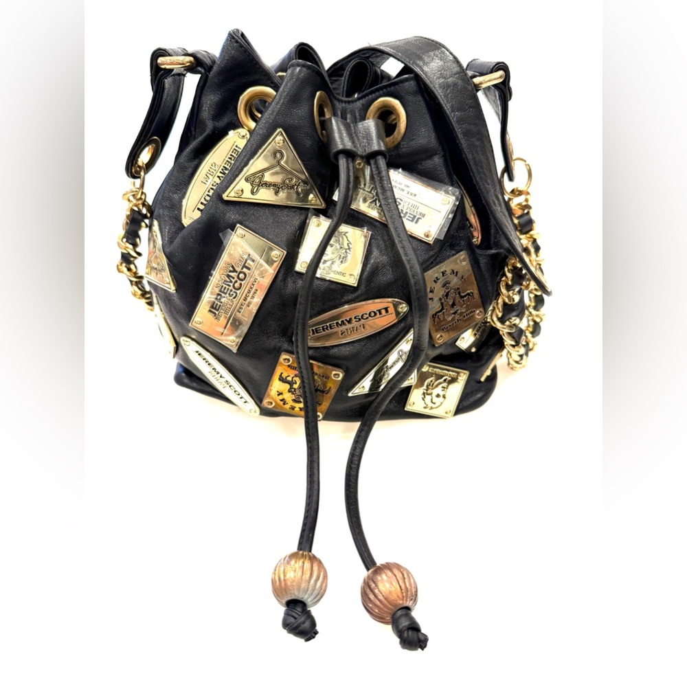 Jeremy Scott plaque bucket bag | black leather with chain strap | mid‑2000s